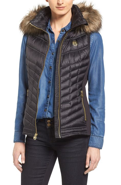 faux fur trim hooded short embossed vest michael kors|faux fur vest.